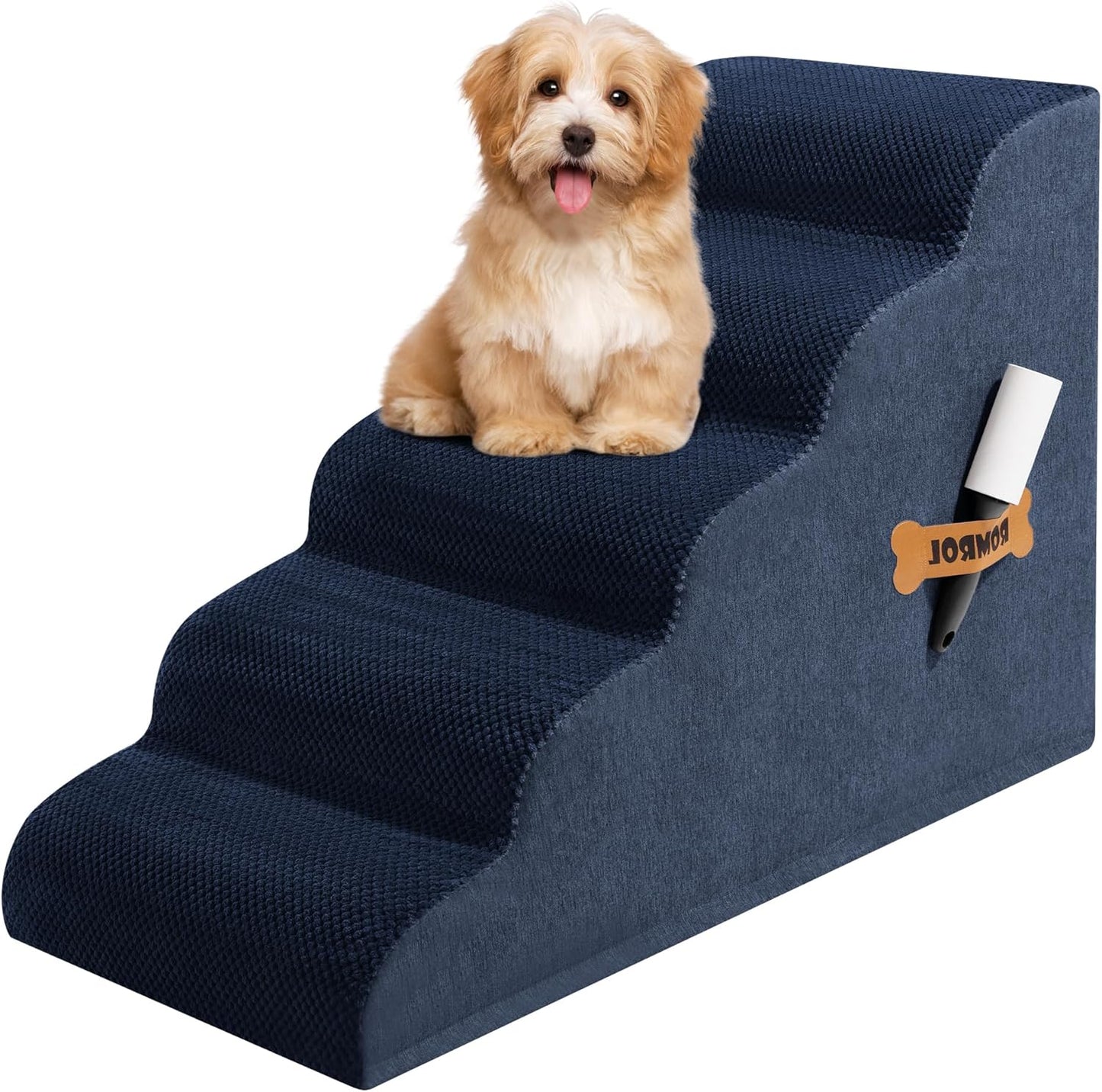 Dog Stairs, Romrol Dog Steps Ramp for High Bed and Couch, Dogs Ramp with Durable Non-Slip Waterproof Fabric Cover, Pet Stairs for Small Dogs and Cats or Pets Joints, 4-TiersNay