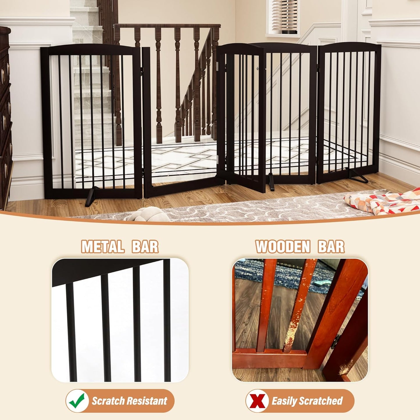 Freestanding Dog Gates with Door Walk Through, 80 inch Wide Gates Indoor, Dog Fences Indoor, Support Feet Included, 4 Panels, 32" Tall, Dark Brown
