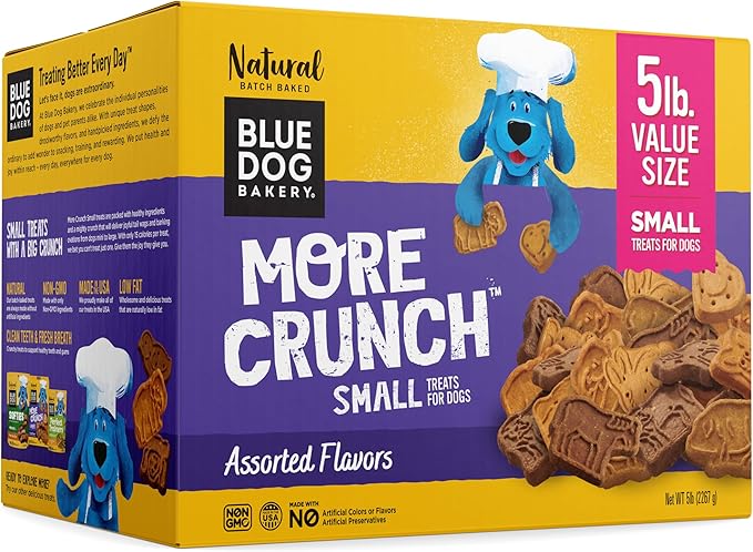 Blue Dog Bakery More Crunch Small, Value Box | Bacon, Chicken, Cheese, & Peanut Butter Flavors | Natural Healthy Dog Treats, 5 Pound Box (Pack of 1)