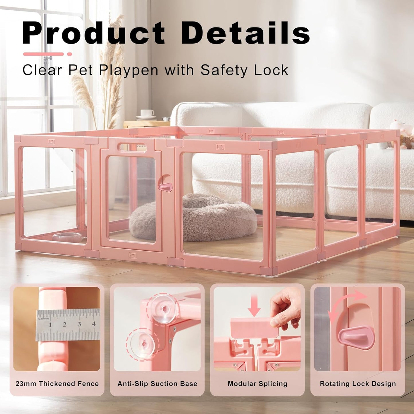 Clear Acrylic Plastic Dog Playpen Indoor - Easy Assemble Small Pet Play Pen for Puppy Cat Rabbit Pig Transparent Fence Enclosure Crate Kennel Whelping Cage (Pink, 12 Panel)