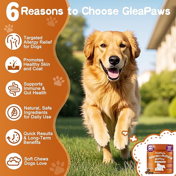 Dog Allergy & Itch Relief Supplement - Salmon Oil Omega-3, Omega-6, Vitamin B1/B2/B6, Colostrum Probiotics for Seasonal Allergy, Hot Spots, Paw Licking, 100 Chews, Lamb+Salmon Oil