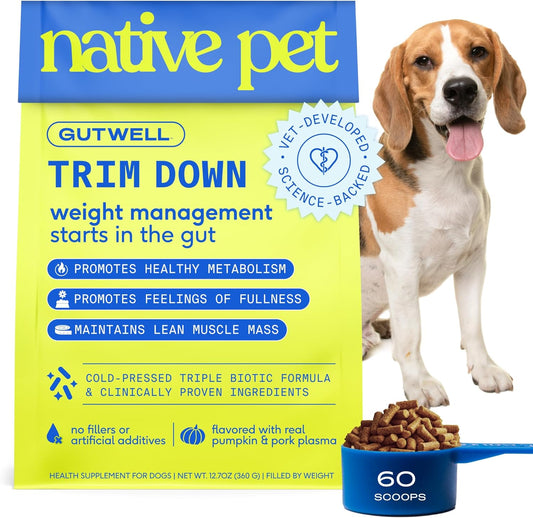 GutWell Trim Down - Weight Management Dog Food Topper - Dog Weight Loss Supplement Promotes Feeling of Fullness, Healthy Metabolism & Lean Muscle with Triple-biotic Blend & L-Carnitine - 60 Scoops