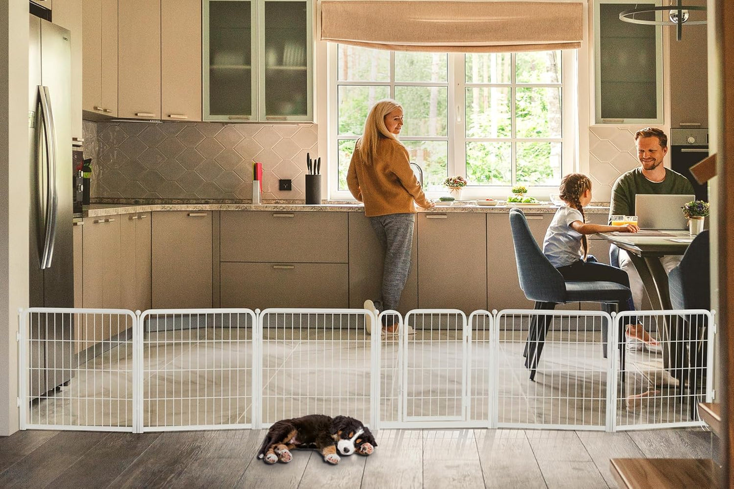 FXW Dog Gate Extra Wide Designed for Indoor Use, Adjustable Width Up to 137-inch Wide (24" H 6 Wire Panels for Puppies and Small Dogs), White