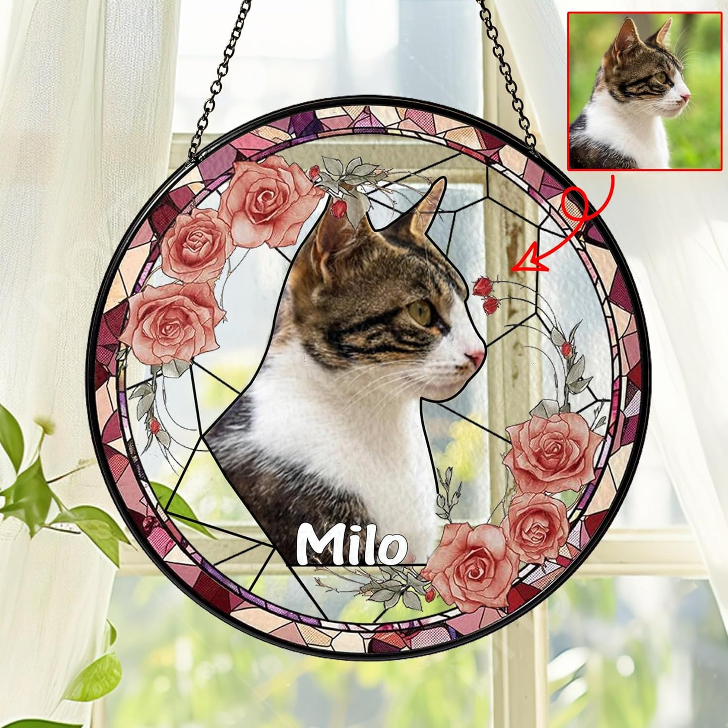 NAZENTI Personalized Cat Memorial Suncatcher, Sympathy Gift for Loss of Pet, Cat Remembrance Gift, Stained Glass Suncatcher, Custom Portrait Photo and Name, Pet Memorial Ornament Window Hanging 1