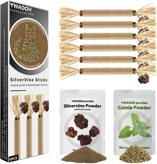 Cat Toys, 6 Silvervine Chew Sticks & 1PCS Organic Catnip & 1PCS Silvervine Powder, Cat Dental Toys for Kitten Teeth Cleaning, Matatabi Cat Toy
