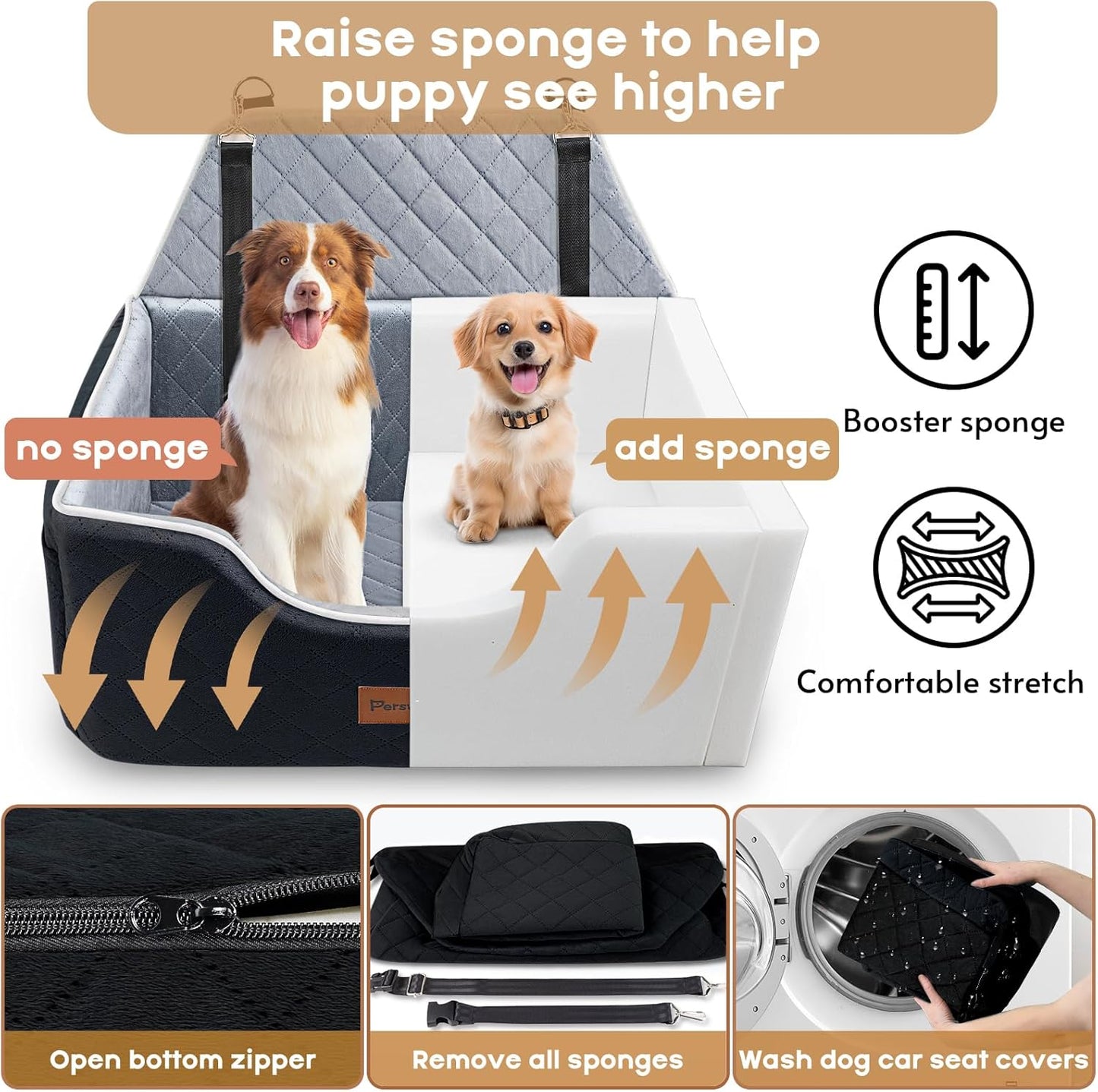 Dog Car Seat for Large-Medium Dogs: Pet Car Seat, Detachable Washable Dog Booster Seat, Pet Travel Bed with Storage Pockets and Dogs Safety Belt (Black, Large)
