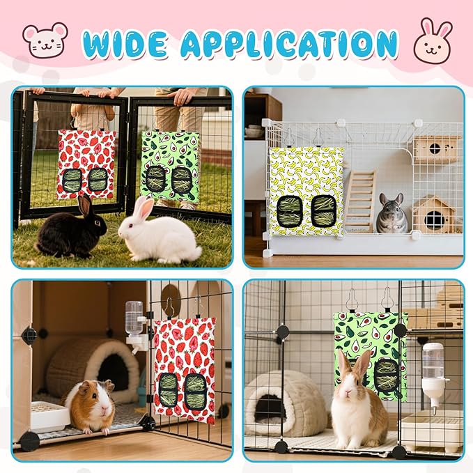 3 Pcs Rabbit Hay Feeder, 2-Hole Hanging Guinea Pig Hay Bags Washable Bunny Hay Bag for Rabbits, Chinchillas, Hamsters, Small Pets and Animals (11.8"×8.7")