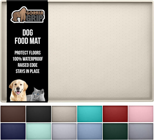 GORILLA GRIP 100% Waterproof Raised Edge BPA Free Silicone Pet Feeding Mat, Dog Cat Food Mats Contain Spills Protects Floors, Placemats for Cats and Dogs Water Bowl, Pets Accessories 16x10, Cream