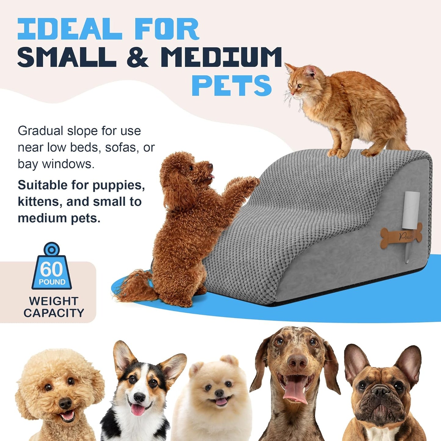 PAWZY Foam Pet Stairs for Small Dogs & Cats – 2-Step Dog Ramp 12” High, Wide Non-Slip Steps for Bed & Couch – Washable Pre-Fitted Cover (no Assembly Required), Waterproof Base – Grey