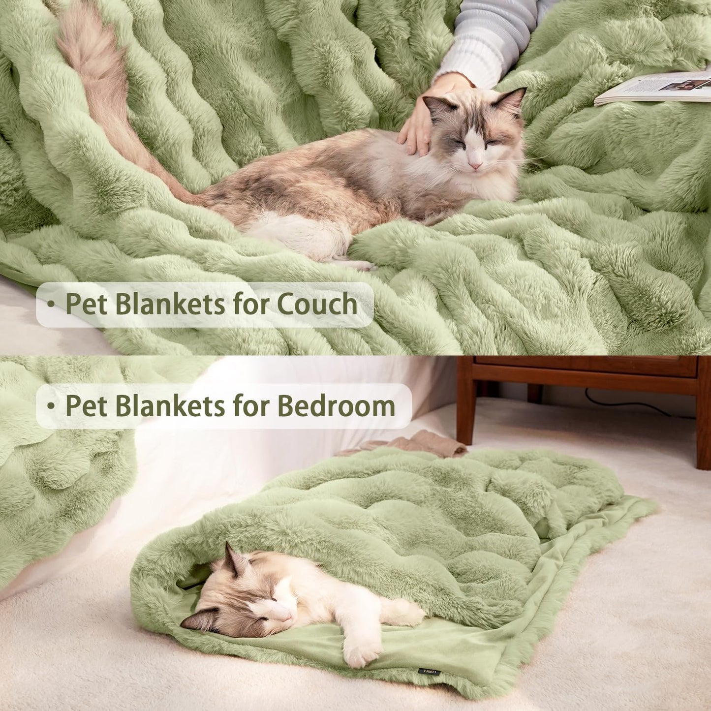 Cat Blanket for Indoor Cats Ultra Soft Plush Faux Fur Kitten Blankets Machine Washable Reversible Pet Throw Protector for Couch Furniture 21"X 18"Green