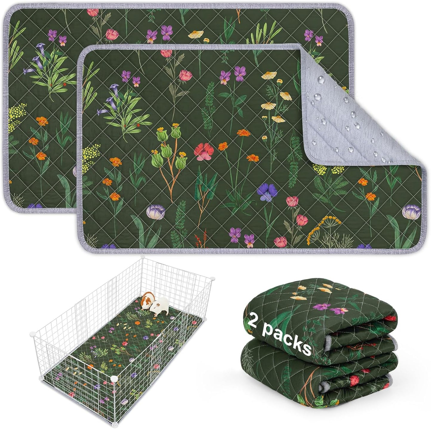Bienbee Guinea Pig Bedding, 2 Pack 29" x 16" Reusable Guinea Pig Cage Liner Waterproof and Absorbent Small Animal Bedding Washable Guinea Pig Pee Pads for Small Pet Hamster Rabbit Squirrel,Green