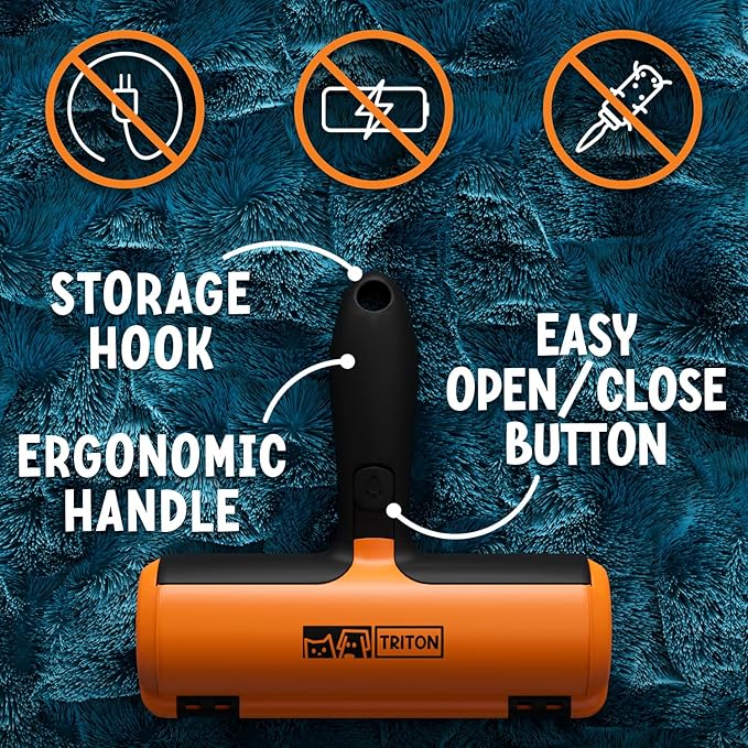 Triton Pet Hair Removal Tool w/Fur Trapping Compartment and Detachable Handle, 60% Smaller Storage Size, Reusable Shedding Roller, Cat and Dog Hair Remover for Car, Furniture, Carpet, Couch (Orange)