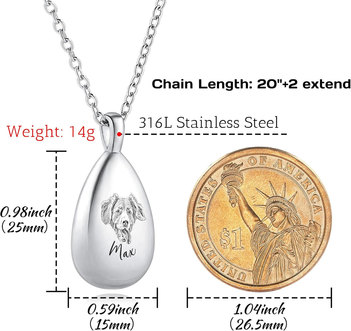 MMXX Personalized Pet Portrait Teardrop Urn Necklace with Name/Photo Stainless Steel Pendant - Cremation Jewelry for Pet Memorial Gifts - Funnel Kit Included