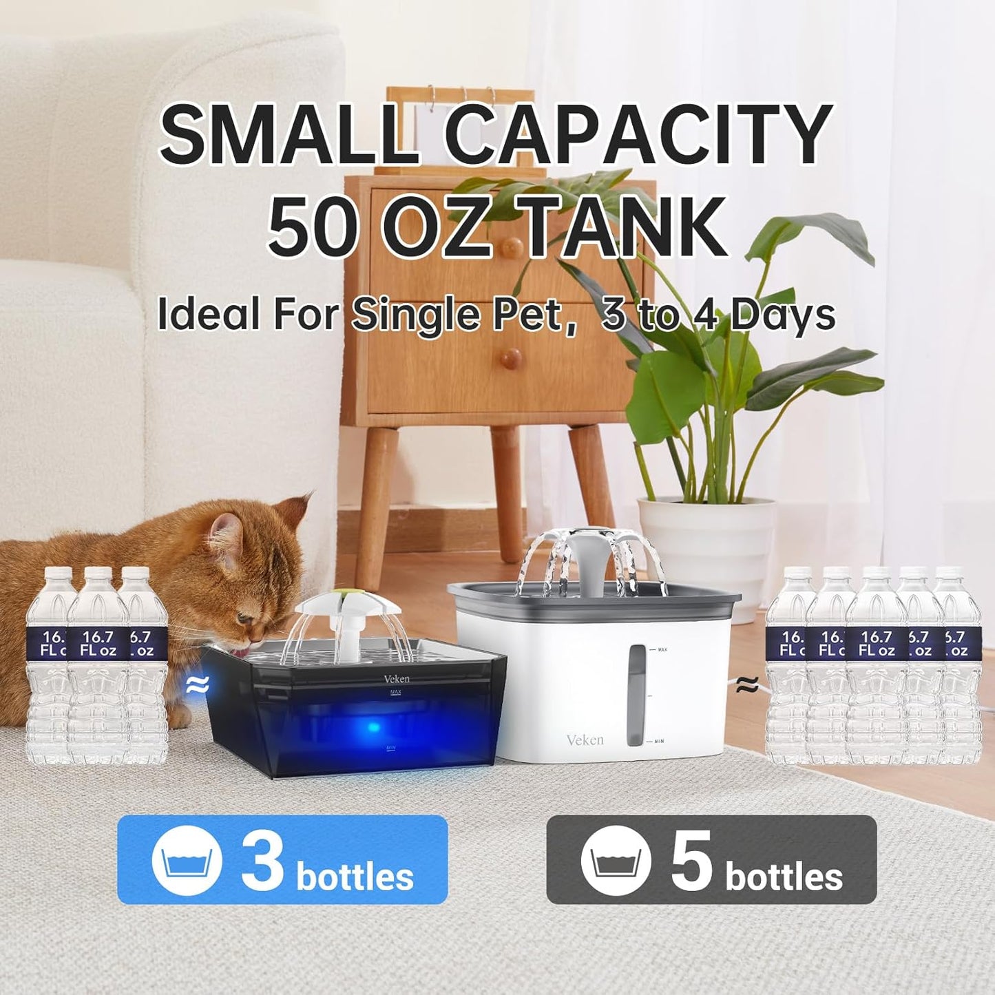 Veken Award-Winning Small Pet-Friendly Cat Water Fountain with Stainless Steel Lid & Quiet Pump, Easy to Clean & Assemble, 50oz Mini Pet Water Dispenser for Cats, Dogs and Small Animals, Silver