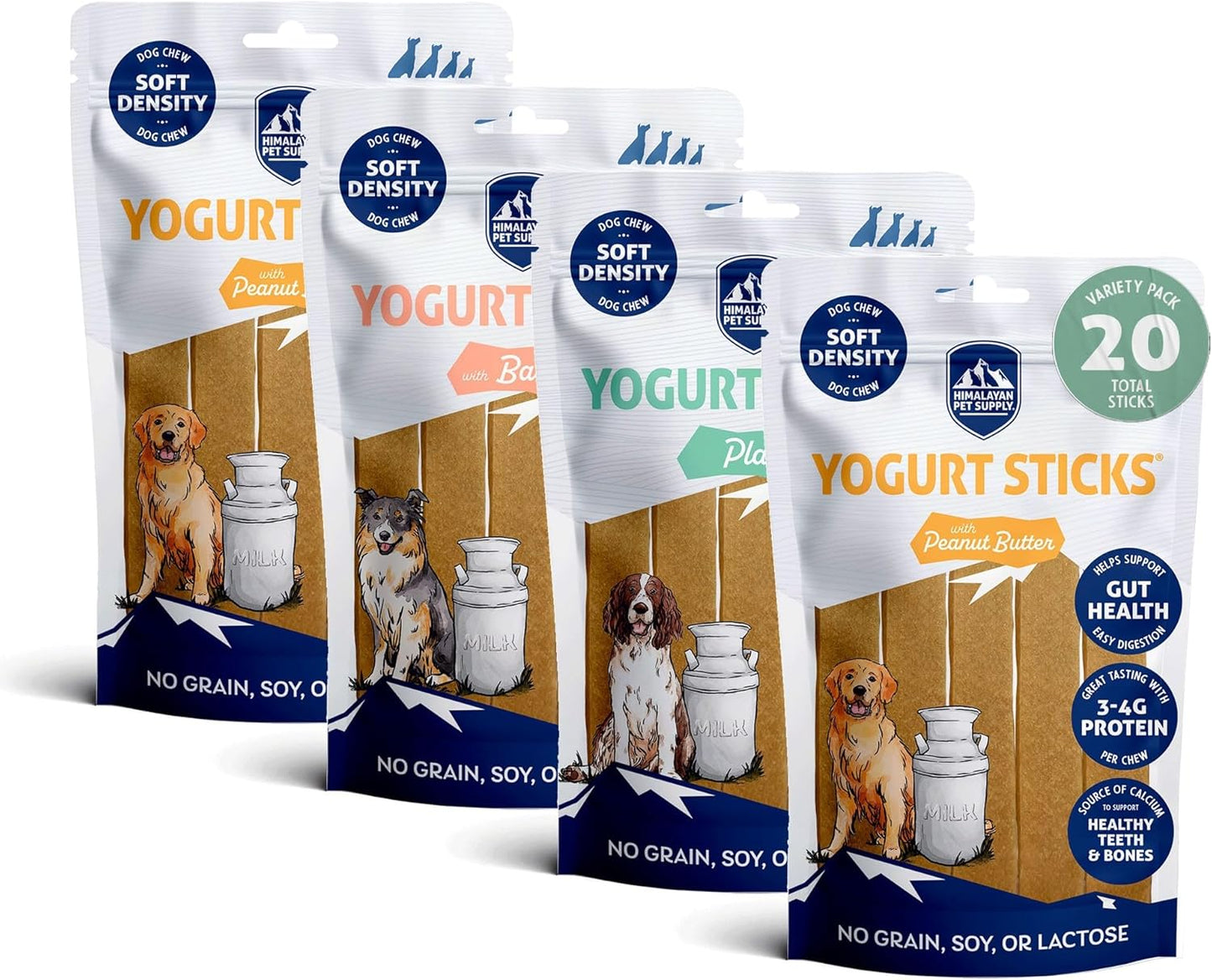 Himalayan Dog Chew Yogurt Sticks, Mixed Flavors, Dog Treats with Prebiotics, Probiotics & Protein, Digestive Support, Lactose & Gluten Free, Natural Dog Treat for All Breeds, Made in America, 4pk
