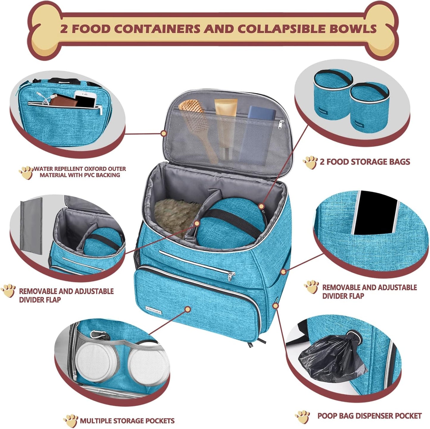 BAGLHER丨Dog Travel Bag Backpack, Airline Approved Pet Supplies Backpack, Dog Travel Bag with 2 Silicone Collapsible Bowls and 2 Food Baskets Sky Blue