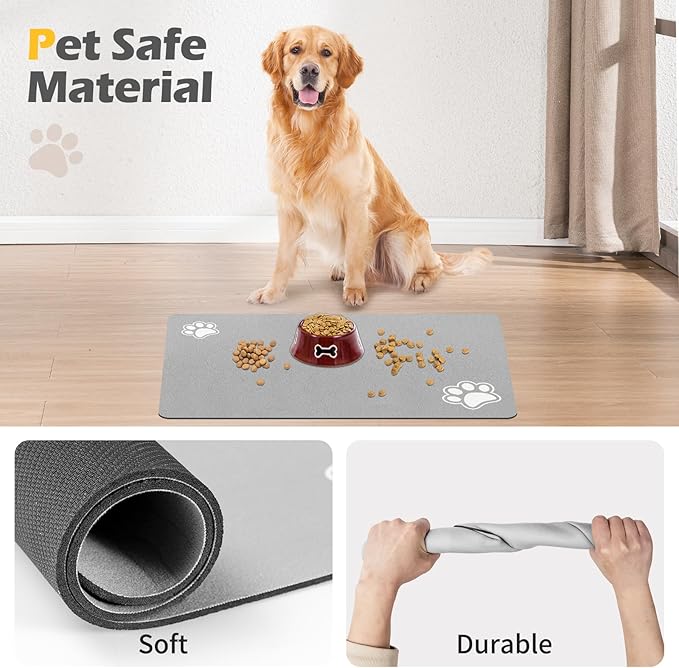 Pet Feeding Mat - Absorbent for Food and Water Bowl - Dog Accessories - Water Bowl for Messy Drinkers - No Stains Quick Dry Dispenser Mat (12"x19", Light Grey)