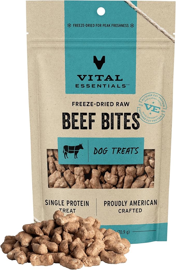 Vital Essentials Beef Bites Dog Treats, 2.5 oz | Freeze-Dried Raw | Single Protein | Premium Quality High Protein Training Treats | Grain Free, Gluten Free, Filler Free