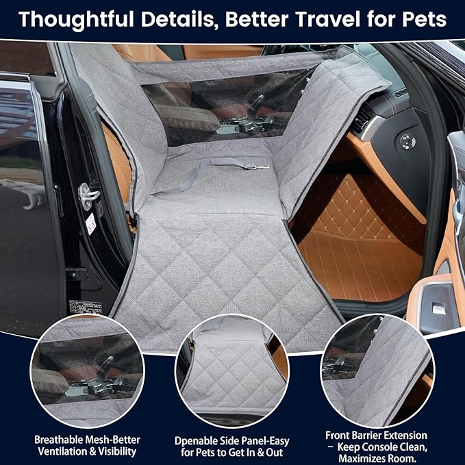 Front Seat Dog Car Seat for Small/Medium Dogs with Door Protection – Full Coverage Pet Booster Seat with Mesh Window, Zippered Side Flaps, Safety Buckle, Grey Linen Fabric