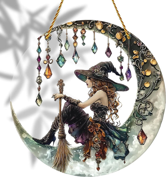 8x8 inch Charming Moonlight Witch Acrylic Stained Glass Window Hanging Sun Catcher Decor Stained Panel Hangings Wall Art Decor, for Friends and Family (Moonlight Witch)