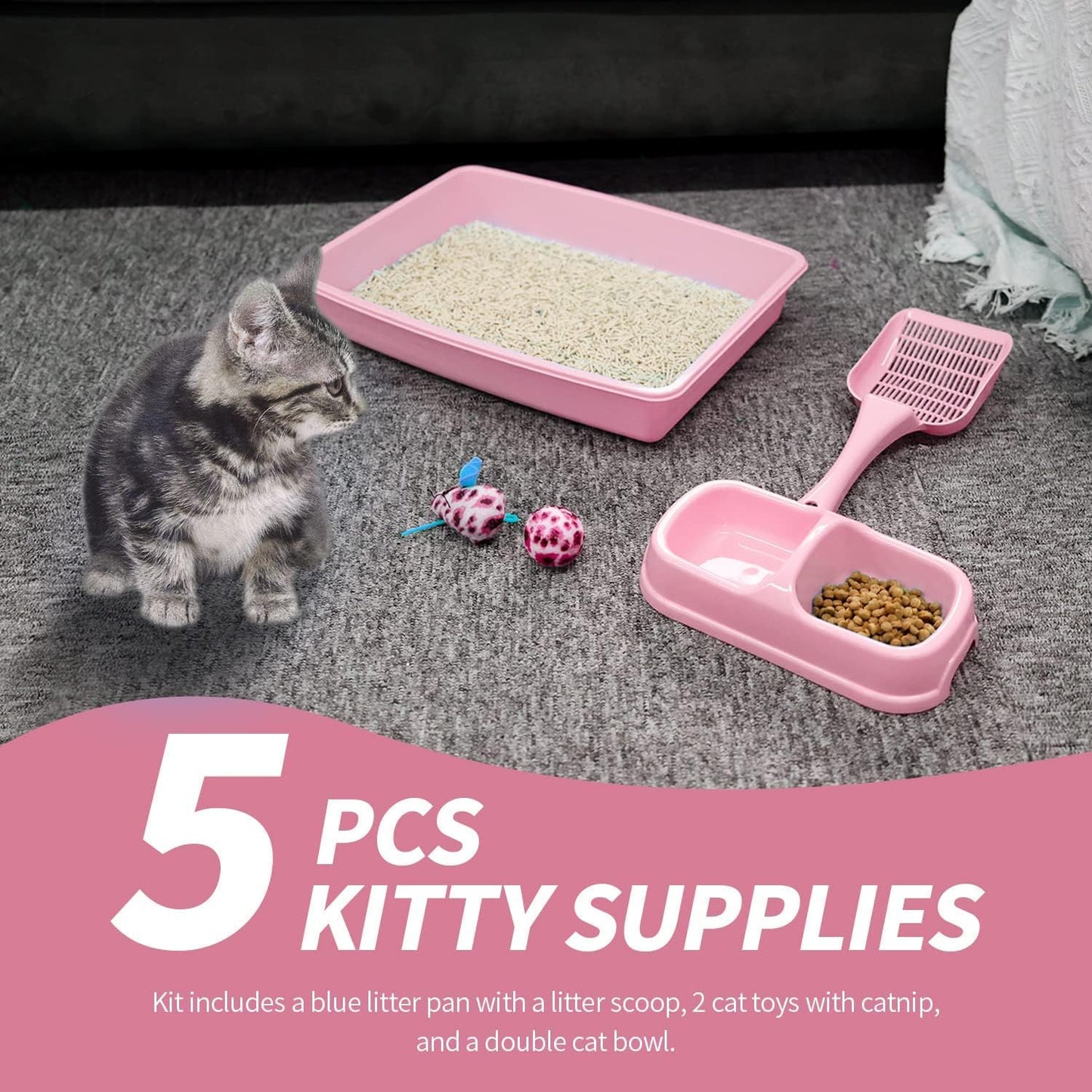 PAWISE Small Cat Litter Box Kit for Kittens – 5‑Piece Kit with Low Entry Litter Pan, Scooper, Feeding Bowls & Mouse Toy – Cat Starter Set for New Kitty Home, Pink