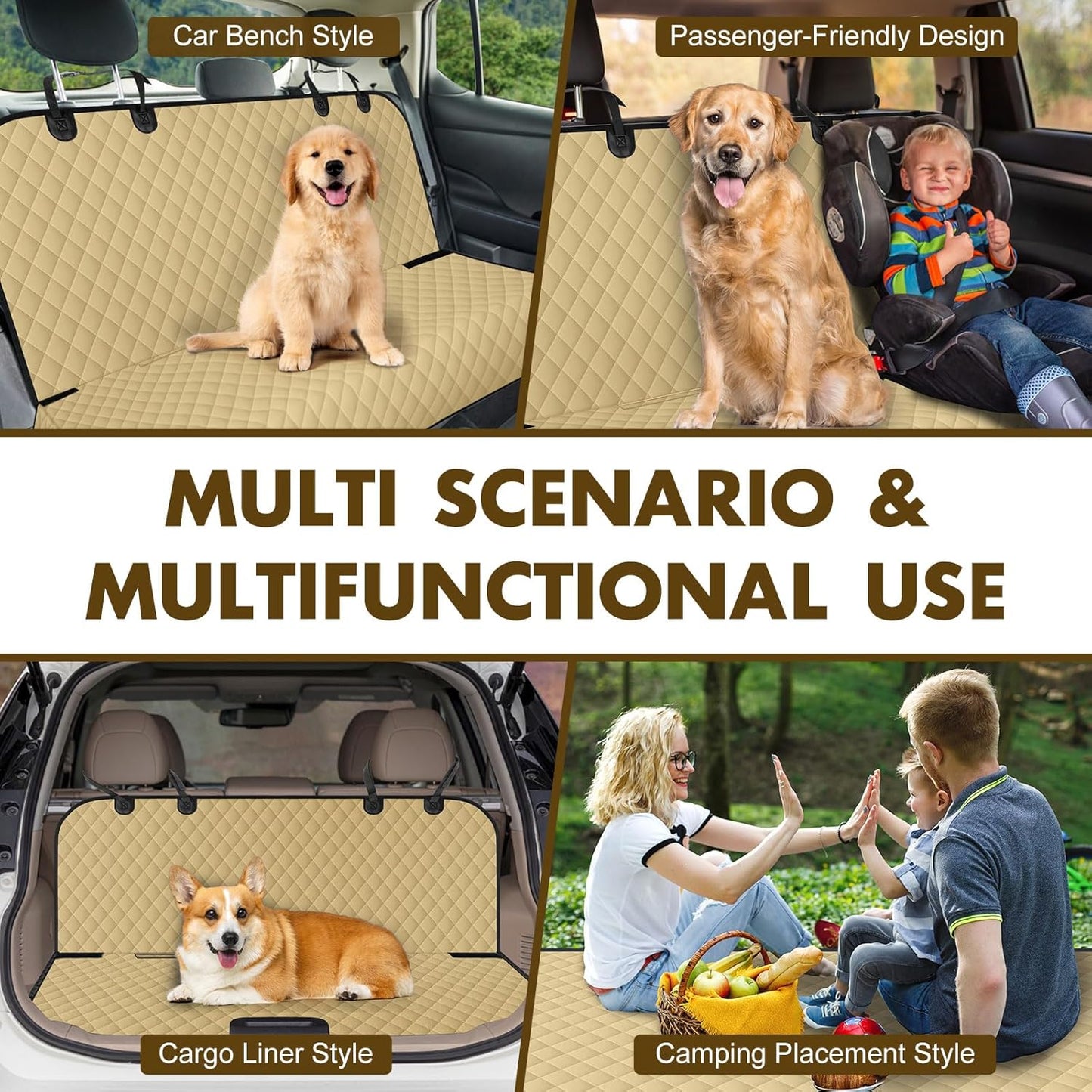 Backseat Cover for Dogs, Waterproof and Non-Slip Pet Bench Seat Covers, Car Seat Protector for Back Seat, Universal Size Rear Car Seat Cover Fits Cars, Trucks and SUVs, L-Khaki&Black