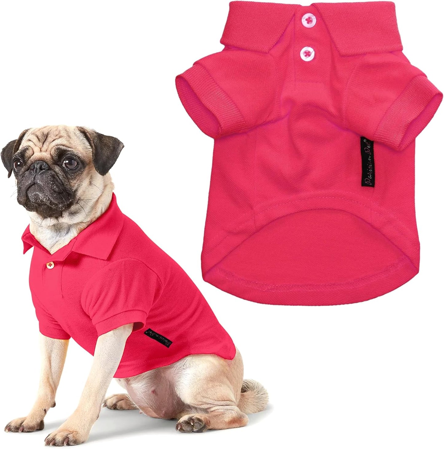 Parisian Pet Dog Polo Shirts - Breathable Cotton Shirt - Solid Color Summer Pullover - Button Up Collar, Pink Dog Polo for Small Dogs