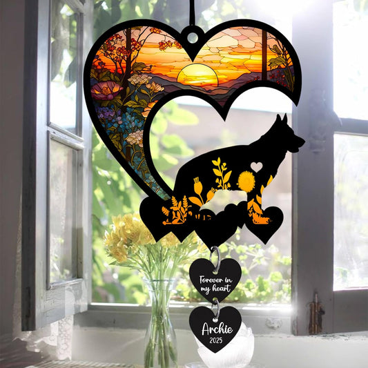 LOVELYPOD Personalized Dog Memorial Suncatcher, Custom Pet Memorial Gifts for Loss of Dog, SunCatcher Gift for Someone Who Lost a Pet, Dogs Remembrance Stained Glass, Hanging Garden Decor with Heart
