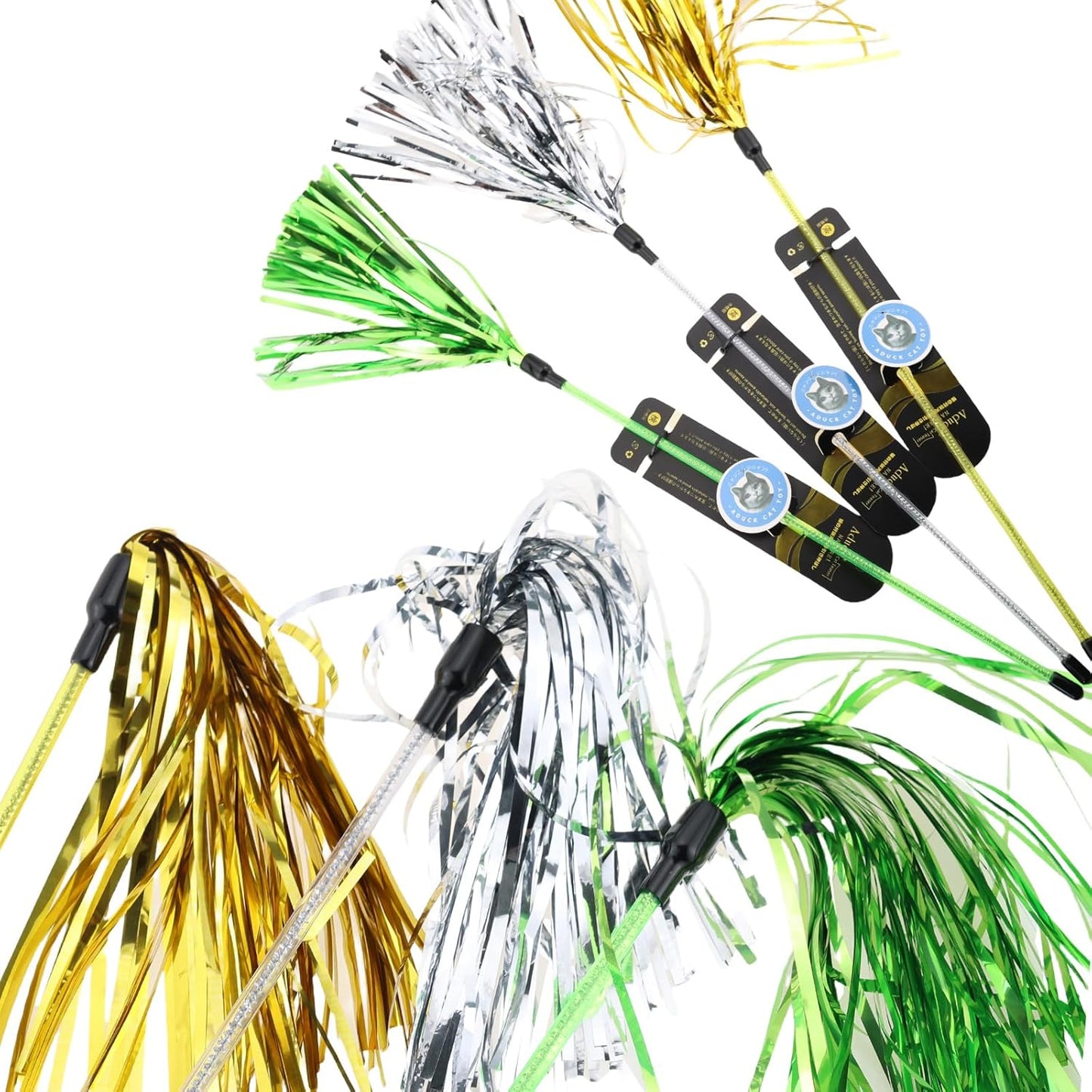 ADUCK Interactive Cat Teaser Wand Toy with Tassels - Durable Cat Chaser for Indoor Kitten Exercise, Boredom Relief & Training Play, Pack of 3 (Gold, Silver, Green)