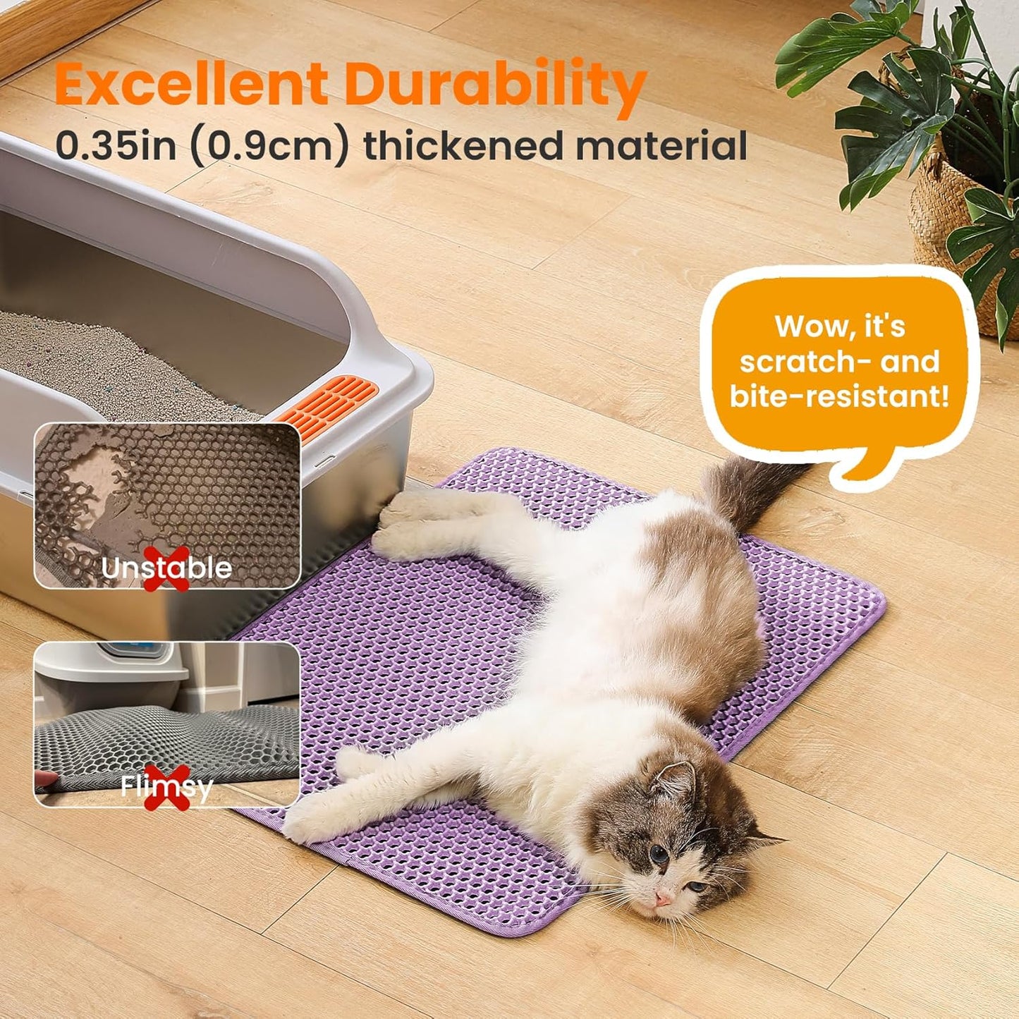 Cat Litter Mat, 24x18 Inches Large Double Layer Honeycomb Cat Litter Trapping Mat, Non Slip Waterproof Urine Proof Cat Litter Box Mat for Floor, Kitty Litter Rug, Cat Supplies, Purple