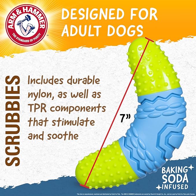 Arm & Hammer for Pets Scrubbies Boomerang Chew Toy for Adult Dogs Infused with Baking Soda - Durable Teething Toy with Unique Shape for Fetch & Chew - Interactive Dental Chew Toy for Dogs