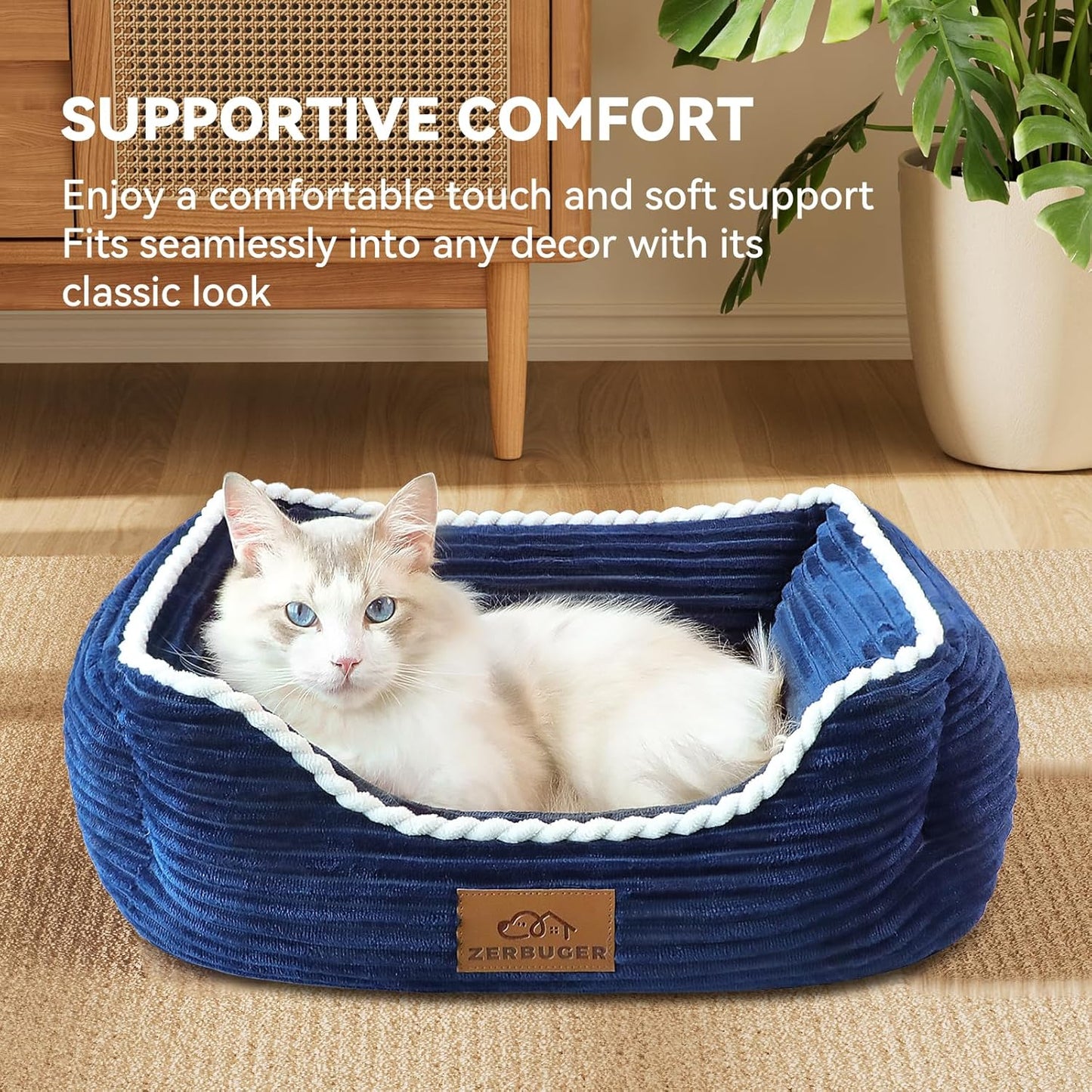 Cat Dog Bed for Pets, Rectangle Pet Bed Gift for Puppy and Kitten, Machine Washable Calming Fluffy Pet Couch Sofa for Indoor Outdoor, Portable Soft Cat Bed with Non-Slip Bottom (Small, Blue)
