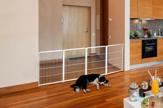FXW Dog Gate Extra Wide Designed for Indoor Use, Adjustable Width Up to 111-inch Wide (32" H 4 Wire Panels for Small and Medium Dogs), White