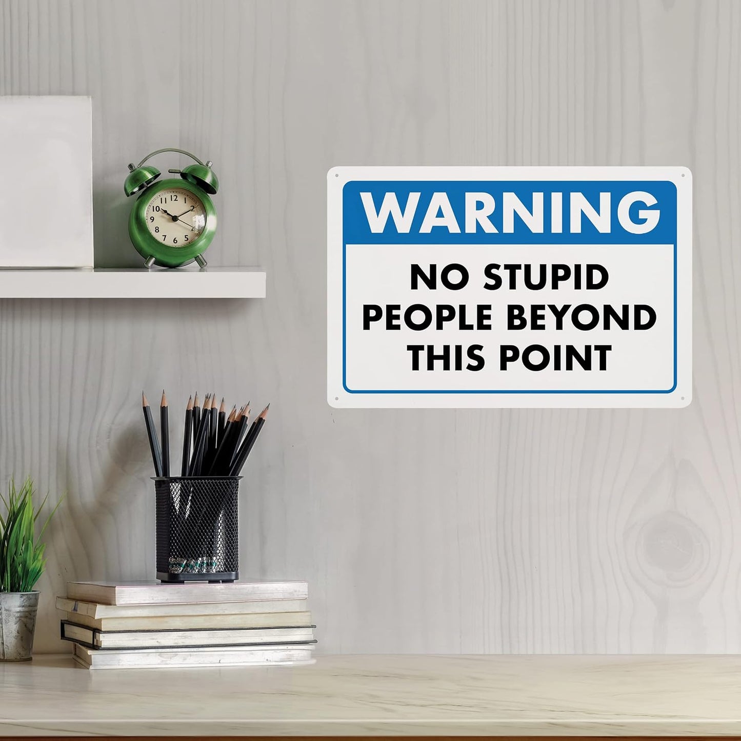 Warning, No Stupid People Beyond This Point - Humorous Plastic Sign - 8" x 12" - Funny Garage Sign, Office Wall Decor, Mechanic Gift, Street Sign for Bedroom - ENVISIONED Signage