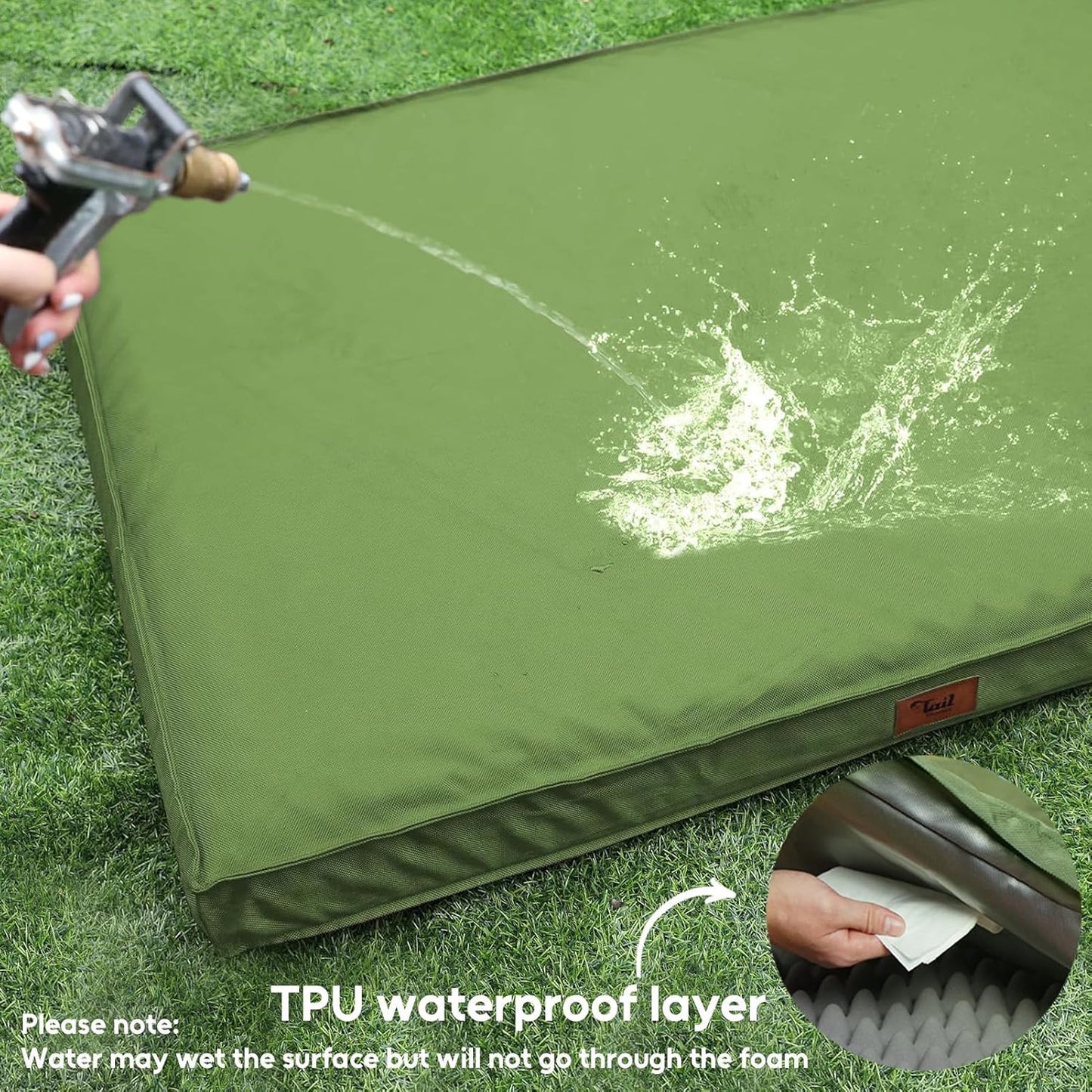 Outdoor Extra Large Dog Crate Bed, Big Waterproof Dog Bed for Large Dogs, Orthopedic Egg Foam Pet Bed Mat with Removable Cooling Cover, Light Green