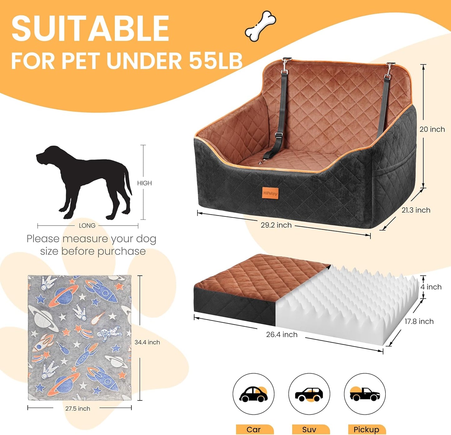 Dog Car Seat for Medium Dog, Booster Seat for Dogs Under 55lb, Elevated Pet Seat with Pocket, Anti-Slip Bed for Car, Perfect for Back Seat & Trunk with 2 Safety Leashes (Black/Brown, Large)