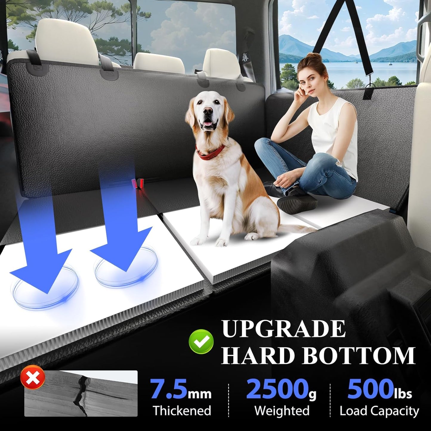 Back Seat Extender for Dogs Truck-Upgraded PU Leather-Dog Pet Seat Cover Back Seat Hard Bottom 500lbs, Anti-Scratch Dog Hammock for Crew Cab Trucks F150, RAM1500, Sierra, Tundra, Silverado