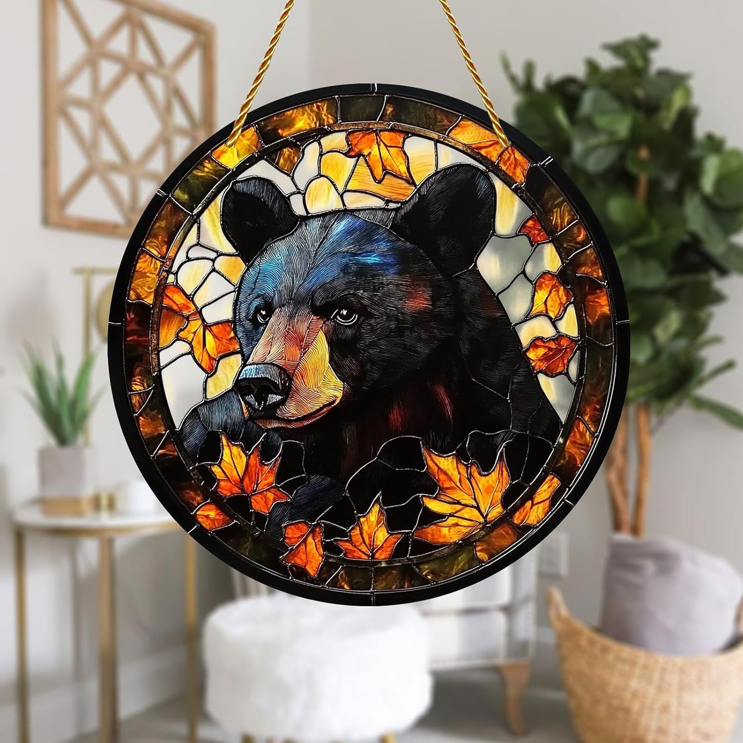 8x8 inch Charming Black Bear Autumn Acrylic Stained Glass Window Hanging Sun Catcher Decor Stained Panel Hangings Wall Art Decor, for Friends and Family (Black Bear)