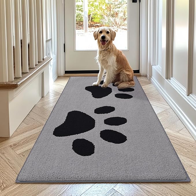 Buganda Dog Door Mat for Muddy Paws, Absorbent Dirt Trapper Washable Indoor Doormats, Non Slip Low-Profile Mud Mat for Dogs, Front Entrance Doormat for Inside Floor (70x24 Inches, Grey)