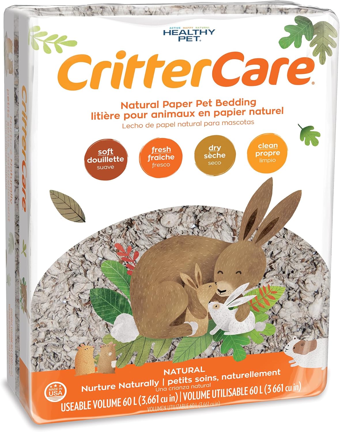CritterCare Natural Paper Small Pet Animal Bedding - Odor Control, Unscented, 99% Dust Free, Super Absorbent, Natural, 60L, Great for Rabbits, Guinea Pigs, Hamsters, Gerbils, Mice, Rats