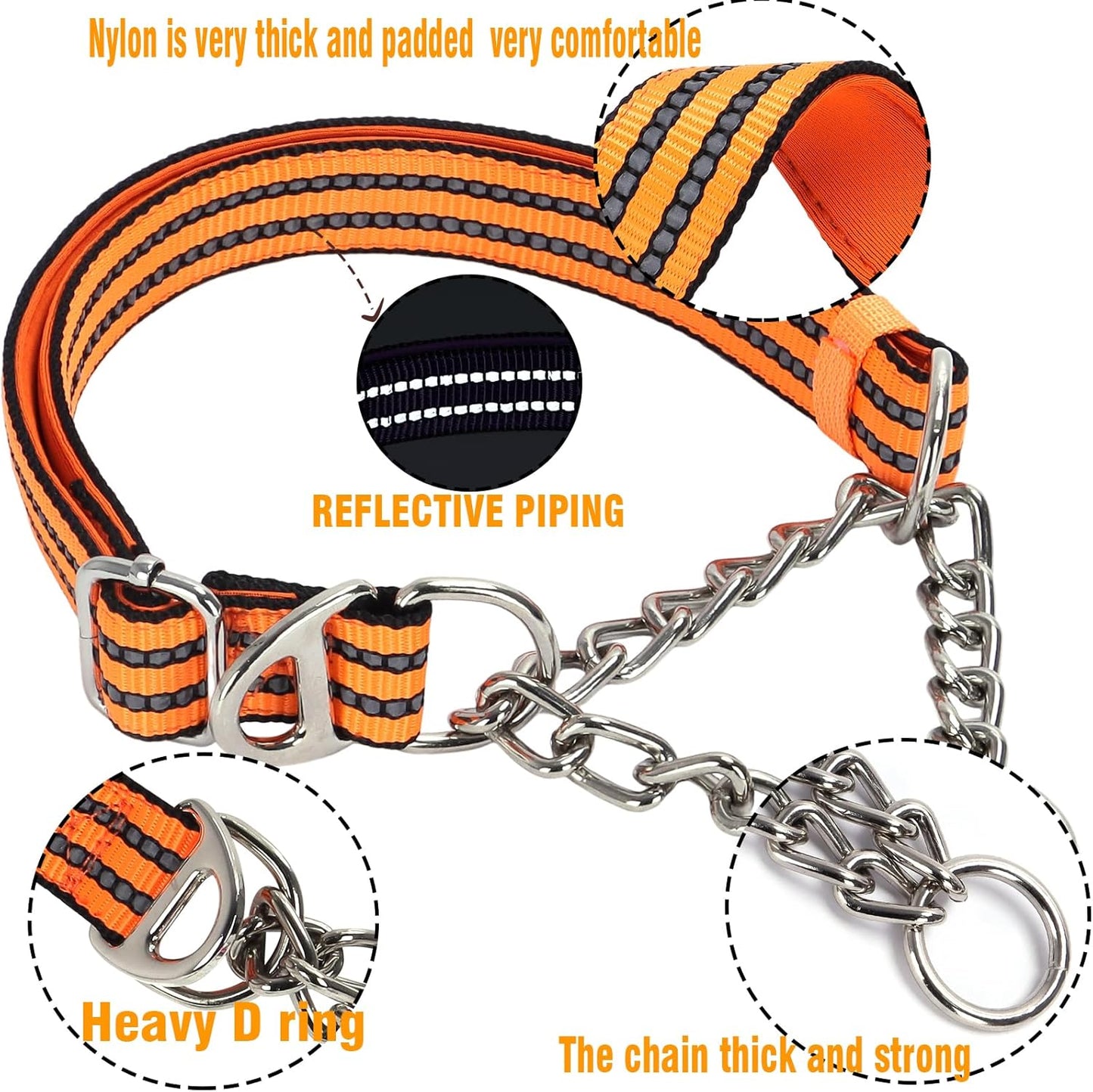 Martingale Collar for Dogs with Soft Padded,Trainer Approved Limited Slip Collar with Steel Chain,Reflective Adjustable Choke Dog Collar for Training, Walking, Hunting (Orange L)
