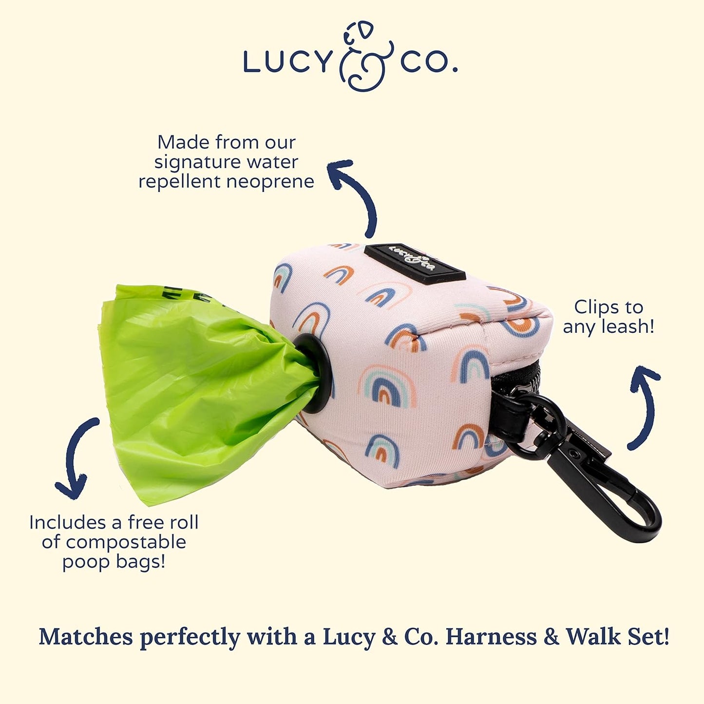 Lucy & Co. in The Clouds Dog Poop Bag Holder - Leak Proof Dispenser - Hygienic Pet Poop Pickup - Pink Rainbows