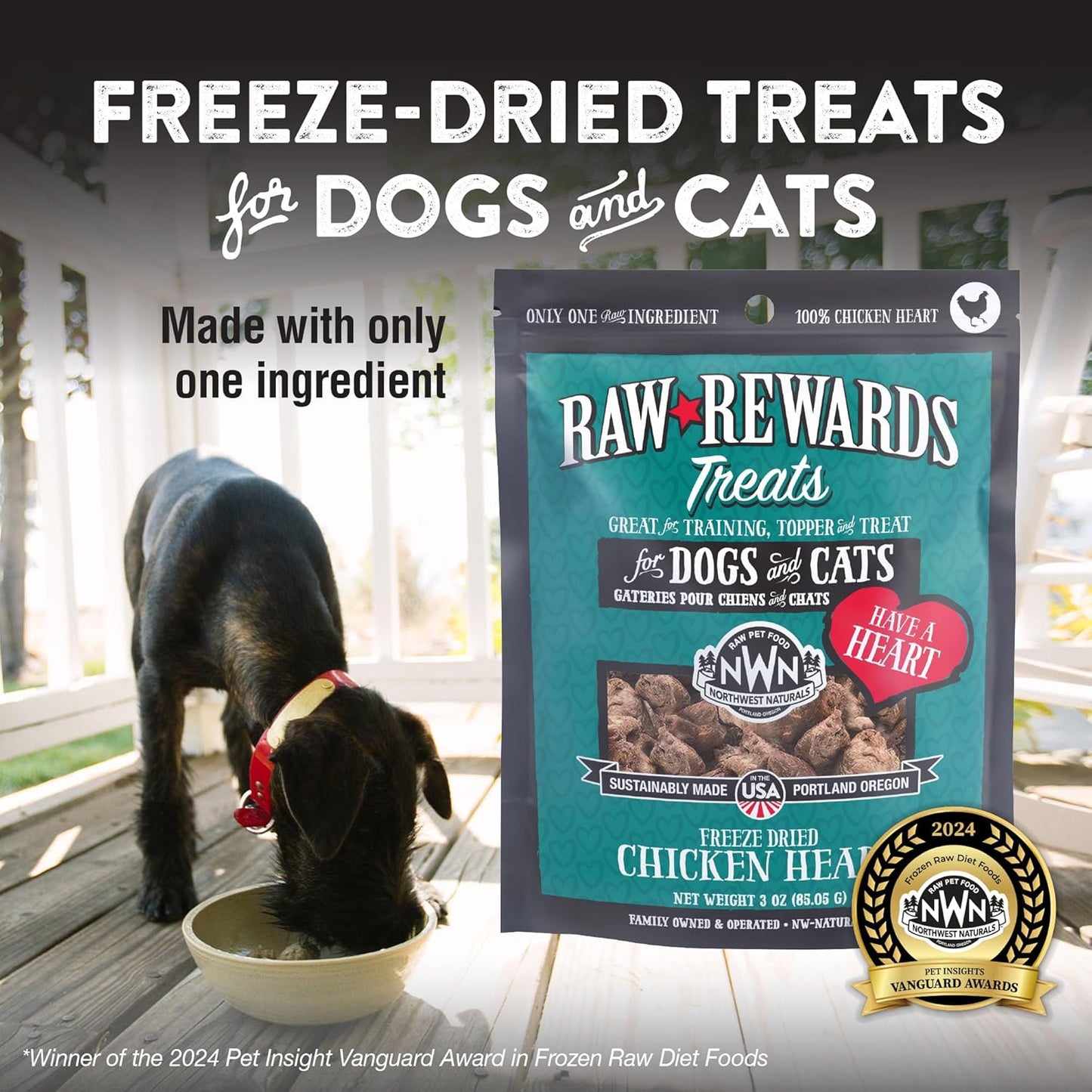 Northwest Naturals Raw Rewards Freeze-Dried Chicken Heart Treats for Dogs and Cats - Bite-Sized Pieces - Healthy, 1 Ingredient, Human Grade Ingredients, Natural, Proudly Made in USA, 3 Oz (Pack of 3)