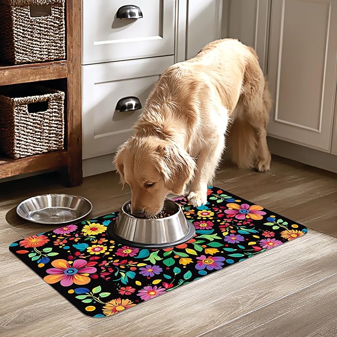 Colorful Mexican Floral Pet Feeding Mat-Quick Dry Absorbent Dog Cat Food Mat, Anti-Slip Water Bowl Mats for Messy Eaters-No Stains Indoor Pet Accessories 16"x24"