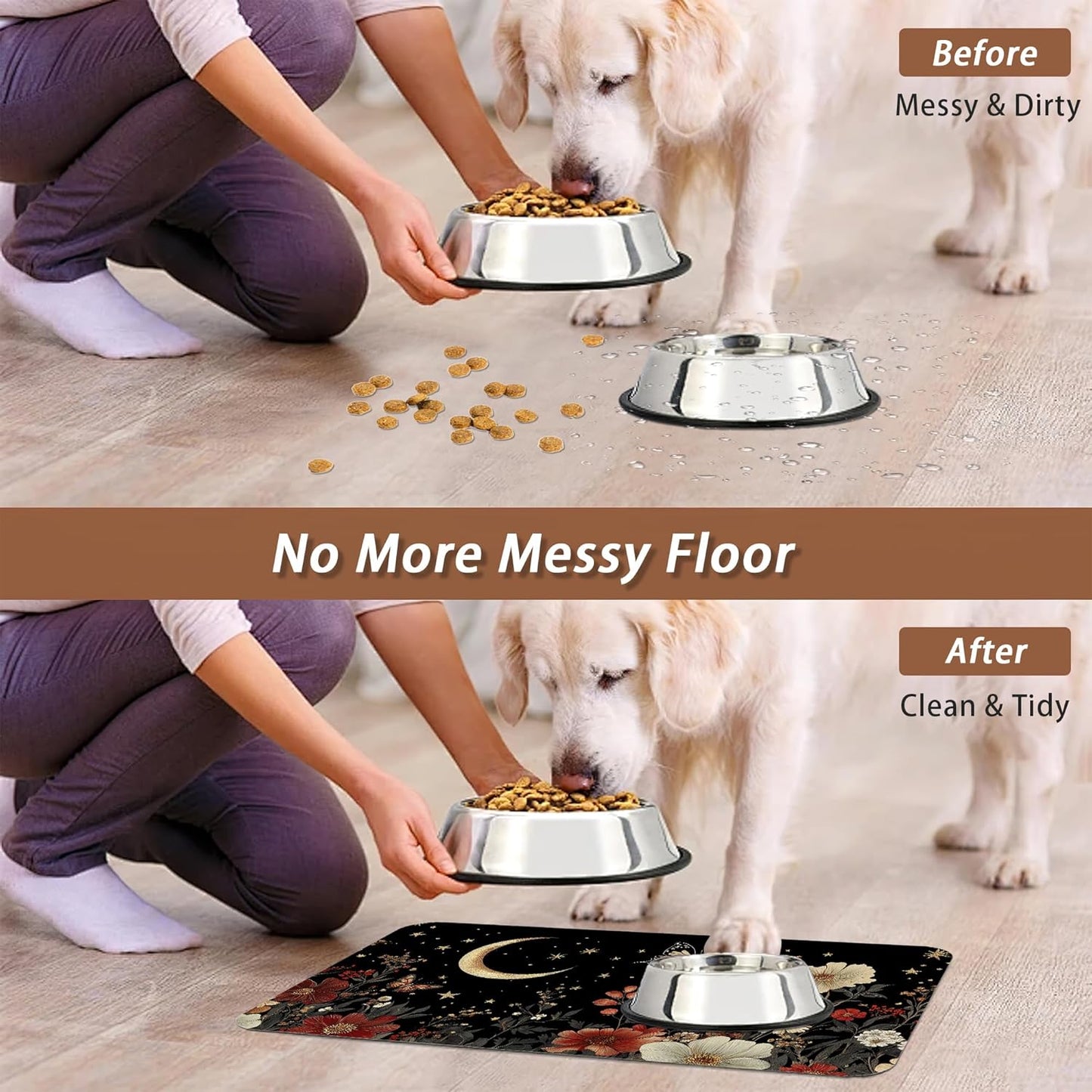 Moon Butterfly Pet Feeding Mat,Vintage Garden Luxury Absorbent Quick-Dry Cat Dog Food and Water Bowl Mats,Non-Slip Rubber Backing Mat,Cat Dog Accessories Supplies 12"x20"