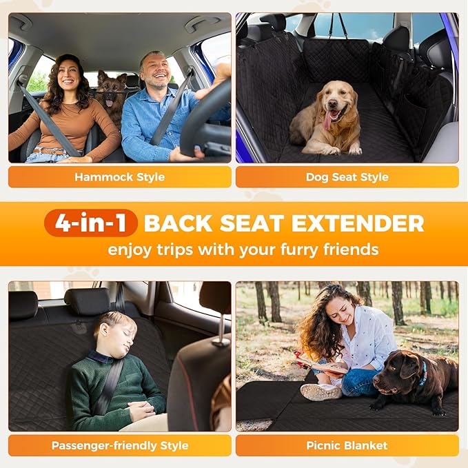 KingCamp Dog Car Seat Cover for Back Seat, Waterproof Scratch Proof Dog Hammock with Hard Bottom 600D Heavy Duty Nonslip Durable Seat Protector with Mesh Window for Cars, SUV, 64" x 54"
