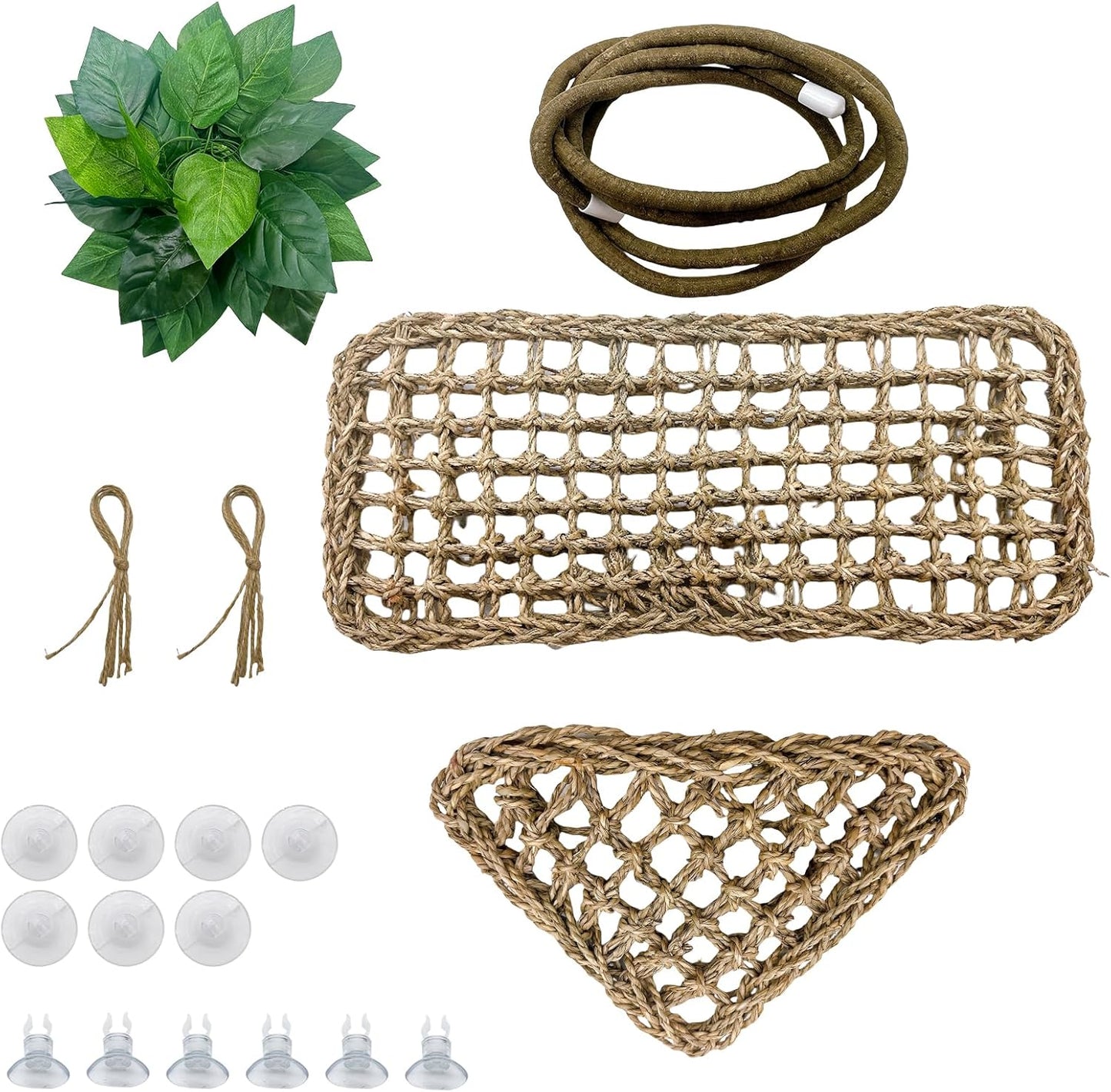 6PCS Bearded Dragon Hammock Lizard Natural Seagrass Hammock Reptile Jungle Climbing Vines and Leaves with Suction Cups Habitat Décor Tank Accessories for Hiding& Climbing Snake Gecko Bird Chameleon