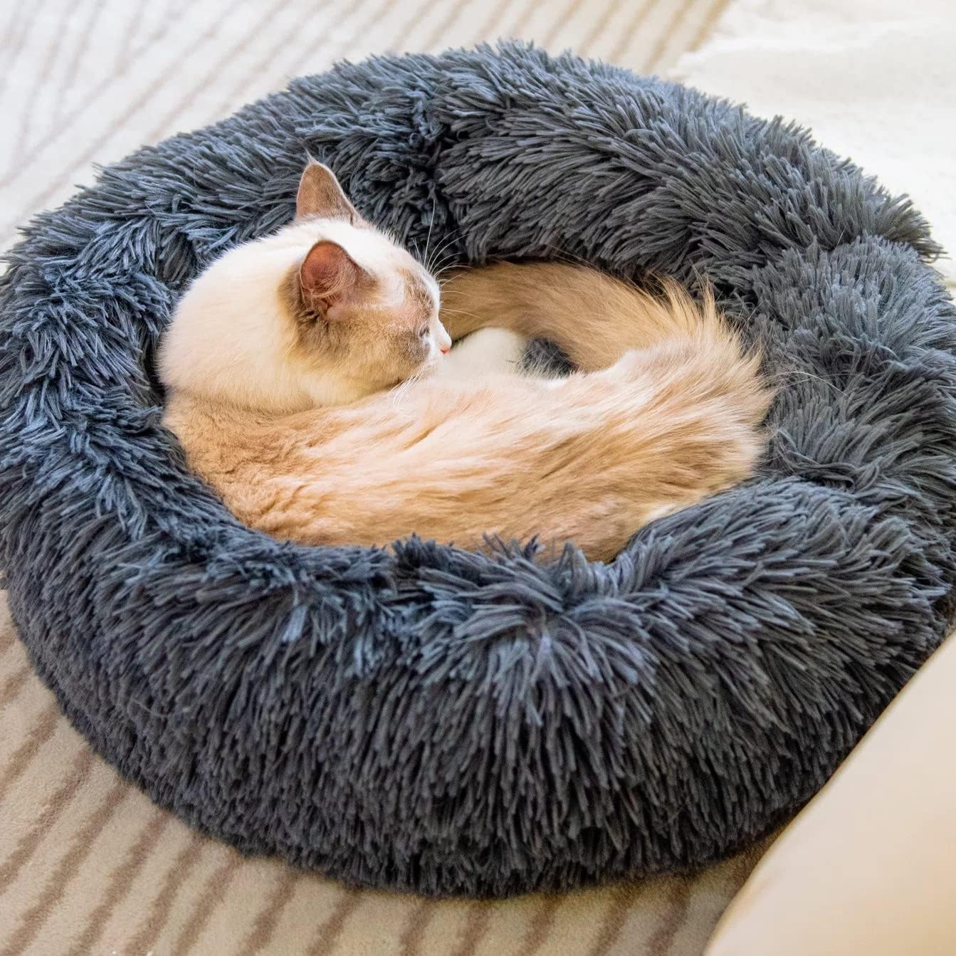 Cat Beds for Indoor Cats - Small Dog Bed Washable 24 inches, Anti Anxiety Round Fluffy Plush Faux Fur Pet Bed, Thick Bottom (Dark Grey, Large 24" L x 24" W)
