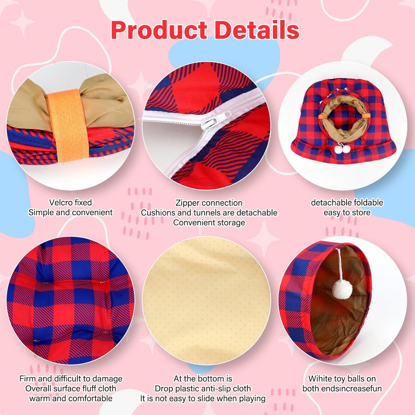 BWOGUE Bunny Tunnel Bed, 2-in-1 Collapsible Tunnel Tubes Toys with Removable Mat Hideout for Cats Kittens Rabbits Guinea Pigs Kitty (RedPlaid)