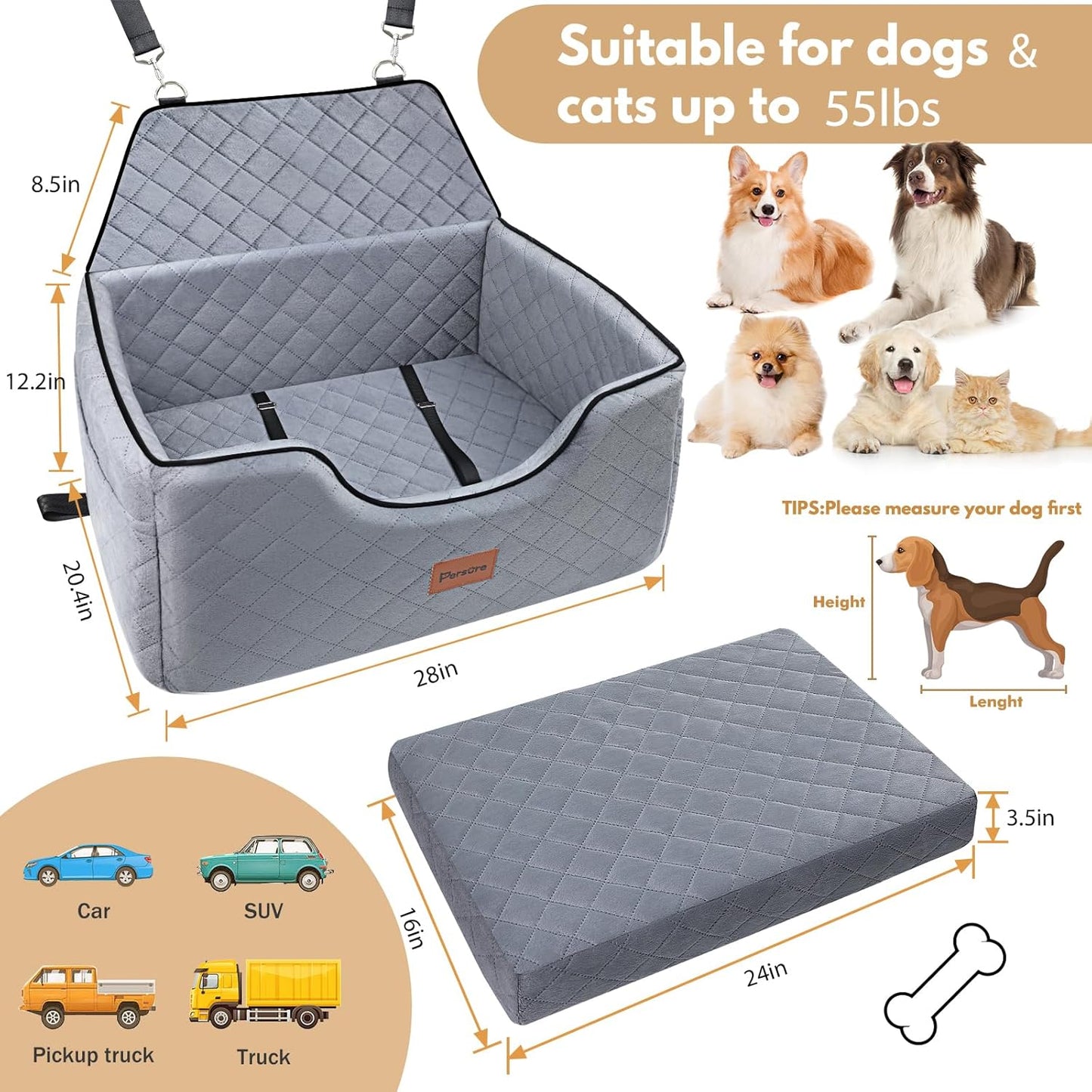Dog Car Seat for Large-Medium Dogs: Pet Car Seat, Detachable Washable Dog Booster Seat, Pet Travel Bed with Storage Pockets and Dogs Safety Belt (Grey, Large)